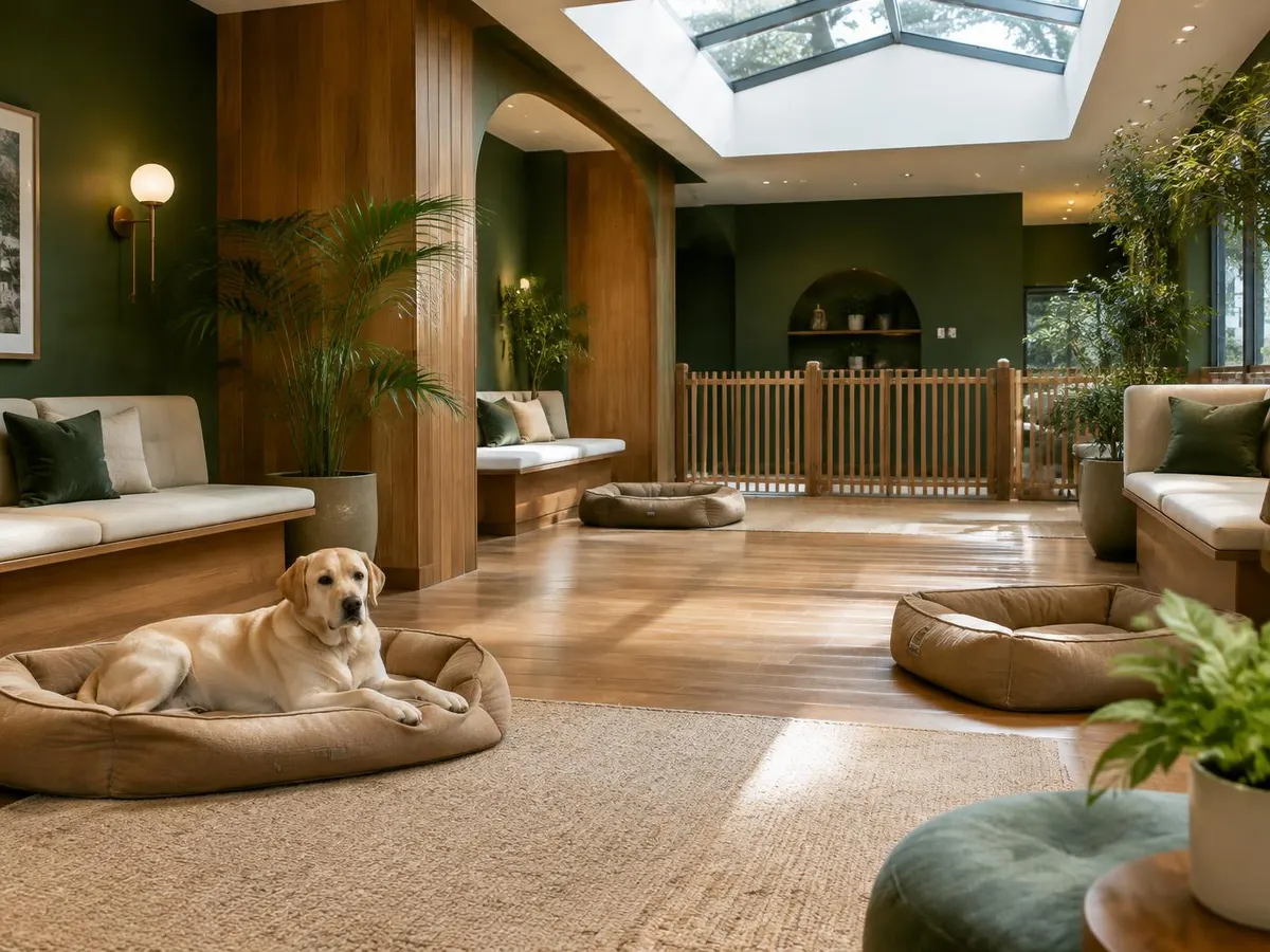 Concept of a calm dog lounge with warm wood, forest-green walls and a labrador resting on a tan bed