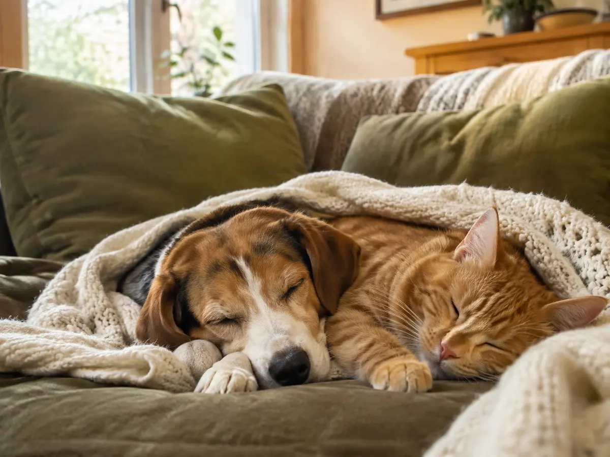 A beagle and a ginger cat asleep together under a cream knit blanket on a sofa at home