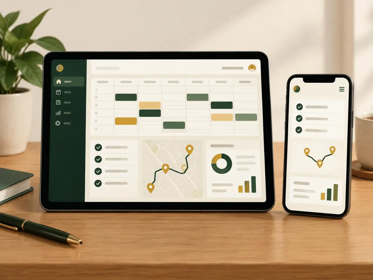 Illustrative PackHaven screens on a tablet and phone: a staff schedule, a care checklist, a GPS route and a report summary