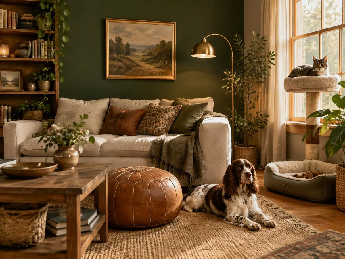 A warm, home-like lounge with a forest-green wall, a spaniel resting on the rug and a cat on a window perch